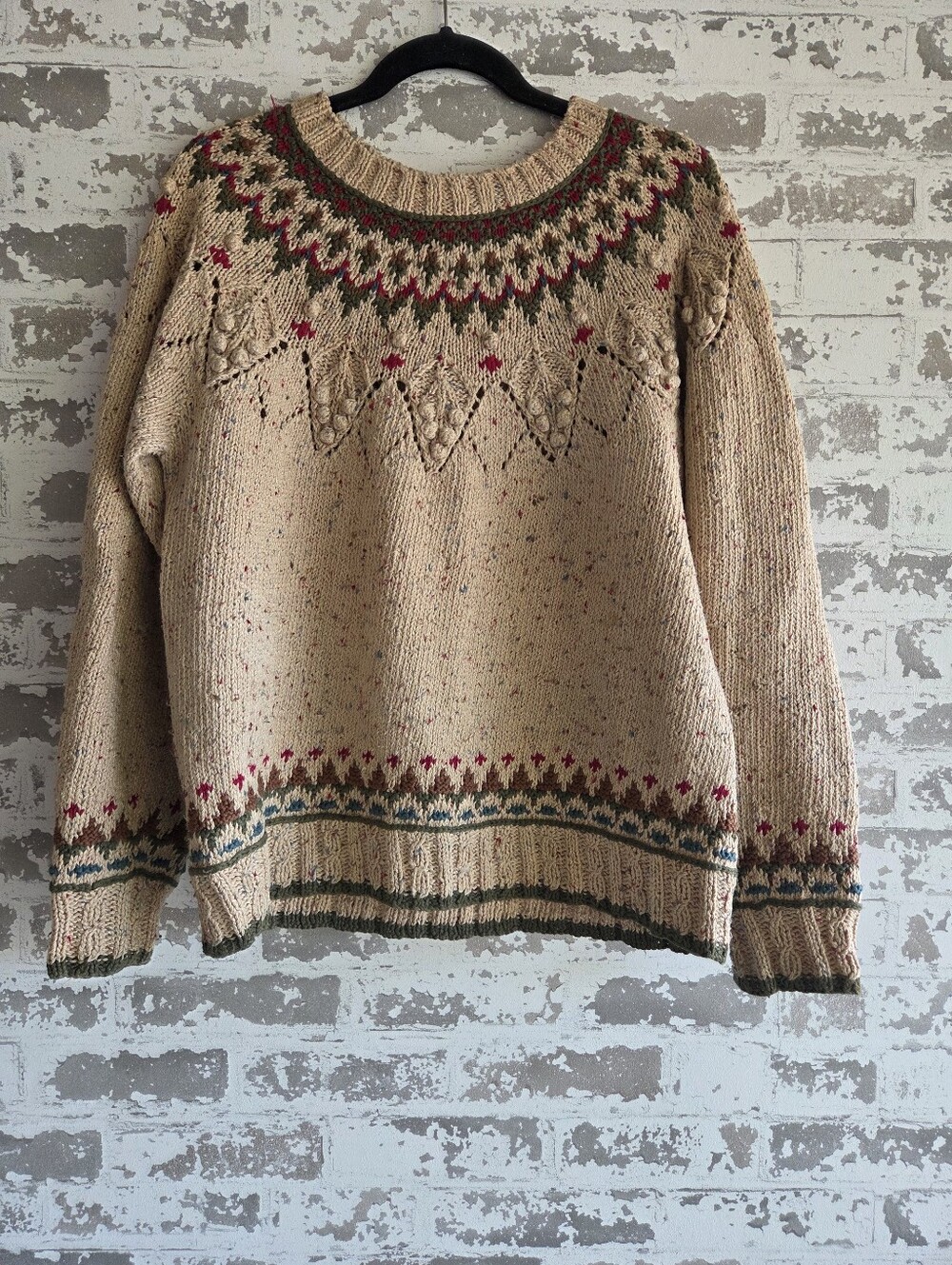 Vtg Lizwear Fair Isle Knit Sweater M Cream Flecked Ramie Cotton Bobble Detail
